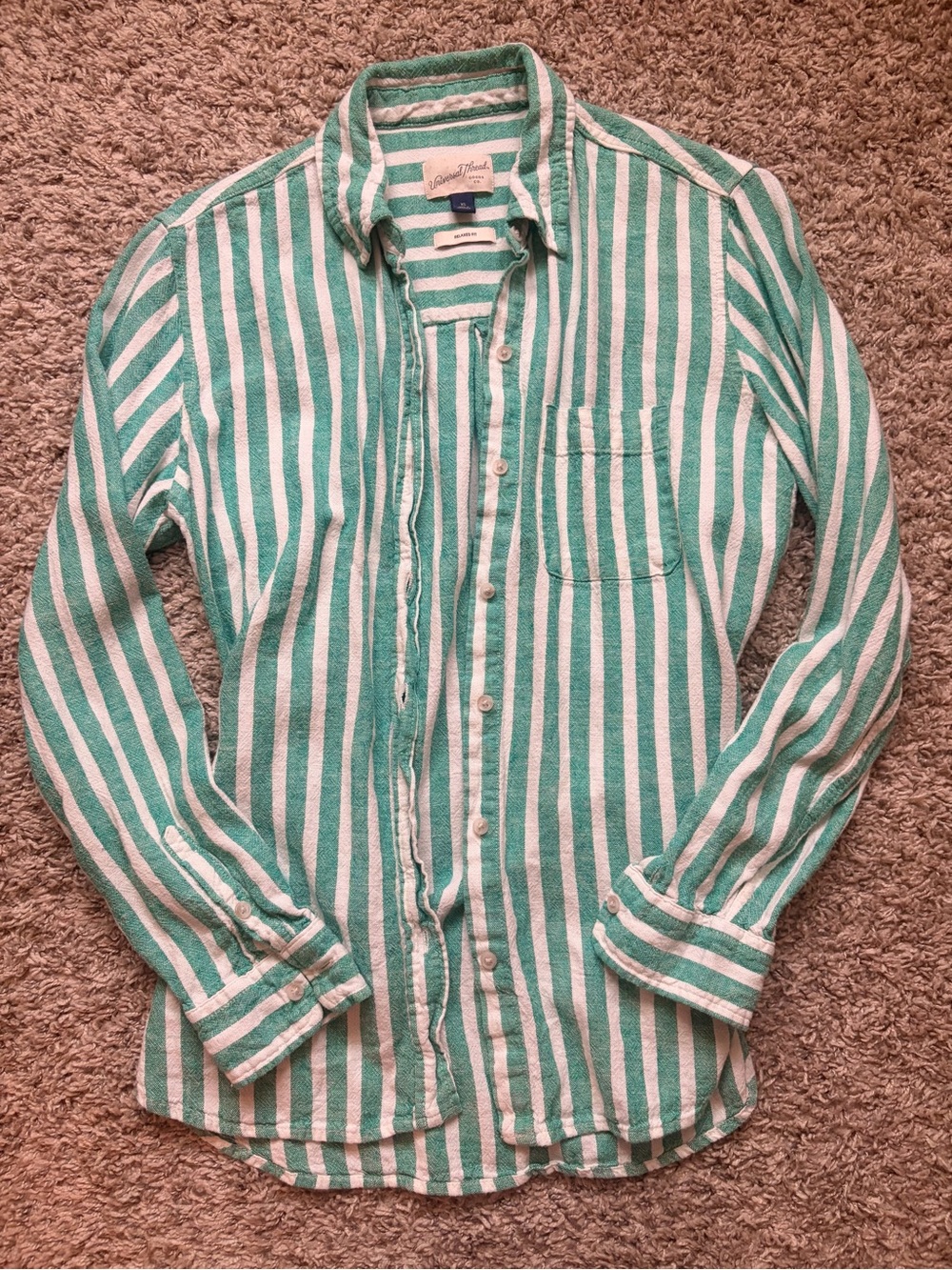 Green & White Stripe Button-Up Shirt